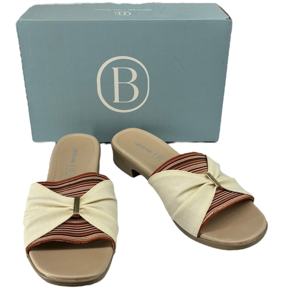 LifeStride Paradise Cream Bow Slides Comfort Low Heel Sandals‎ NIB Box 8M